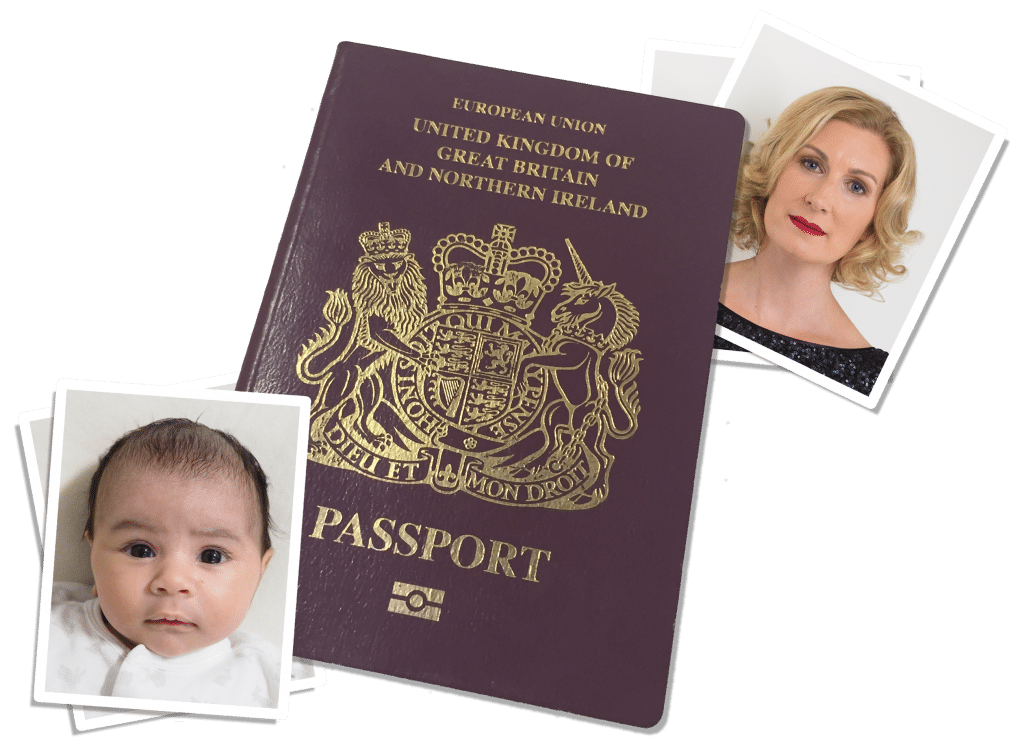 UK passport with passport photos of a baby and an adult taken at our Chester-le-Street studio