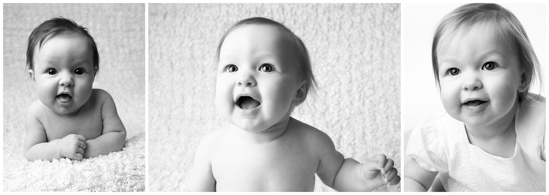 Photographs from our baby club sessions, capturing 3 month, 6 month and 1 year milestones