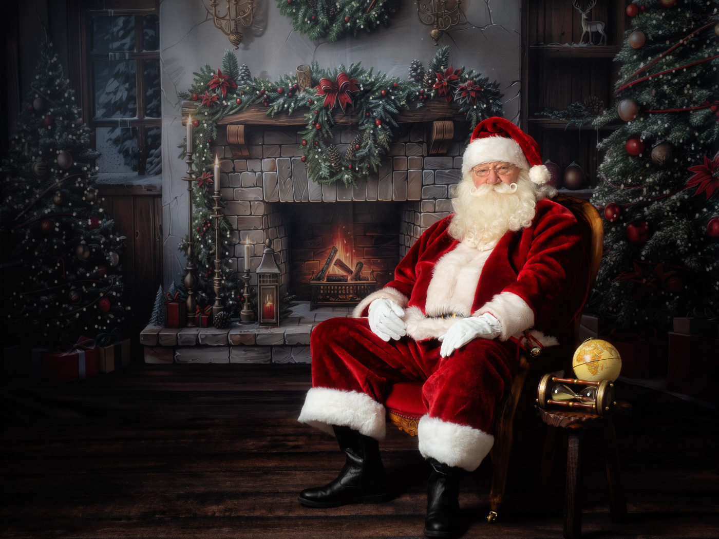 Santa in his chair by the fireplace