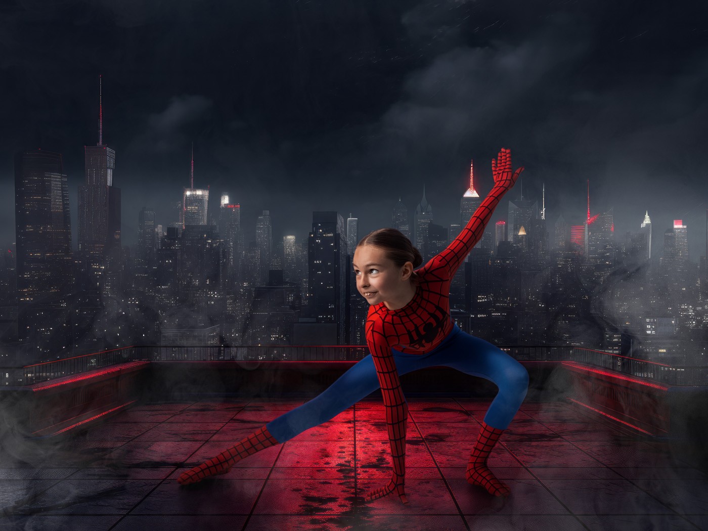 Girl in a superhero costume striking a pose on a city rooftop at night