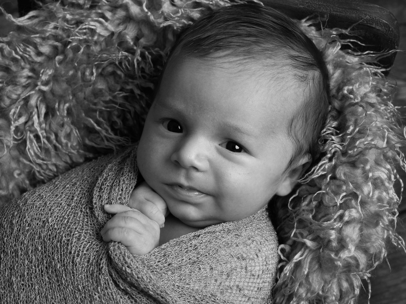 Wide-awake newborn wrapped in a knit blanket, black and white
