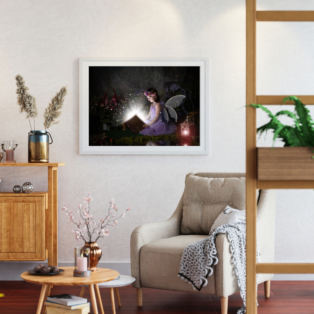 Framed fairy portrait above an armchair