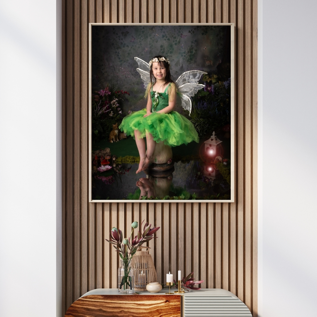 Framed fairy portrait on a wood slat wall