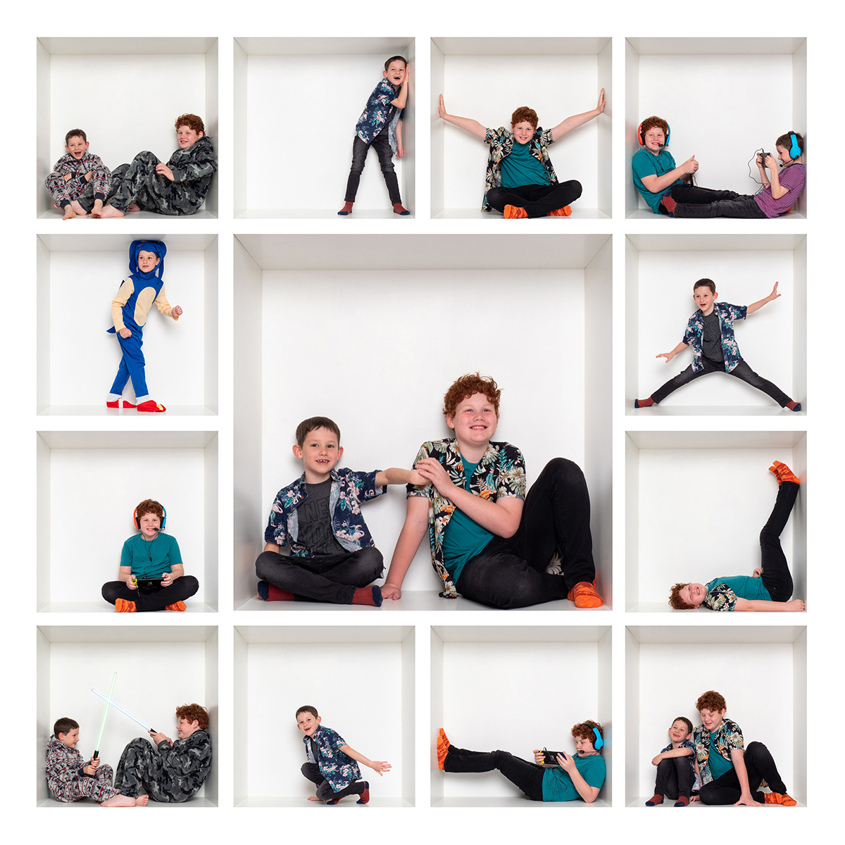 White Box collage of two brothers posing, gaming and lightsaber fighting in white boxes