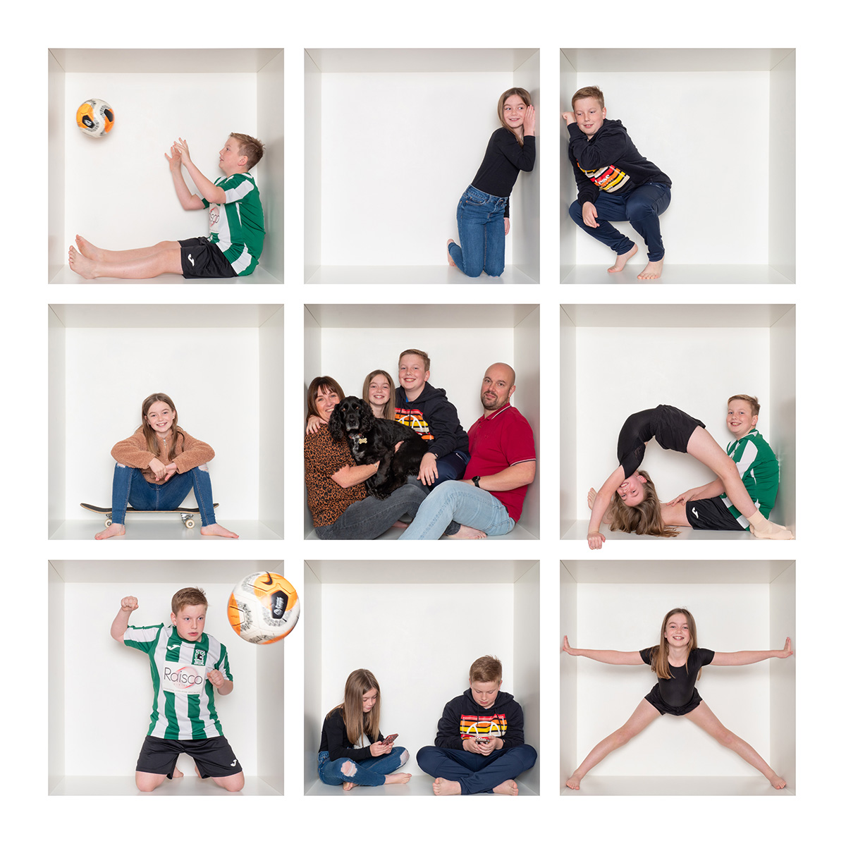 White Box collage of a family with their dog, football, skateboard and gymnastics poses