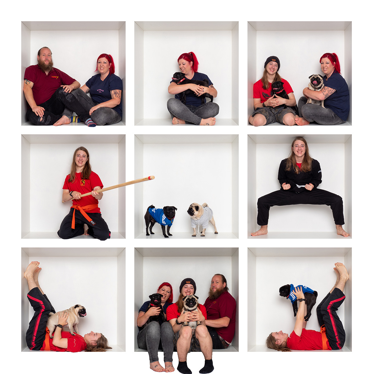 White Box collage of a family with their two pugs and martial arts poses
